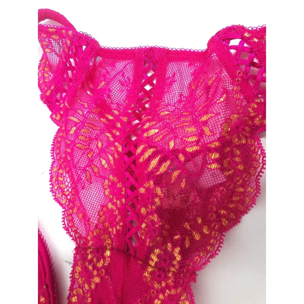 Victoria's Secret Y2K Coquette Pink Gold Crystal Lace Bra Set 36B Thong Large